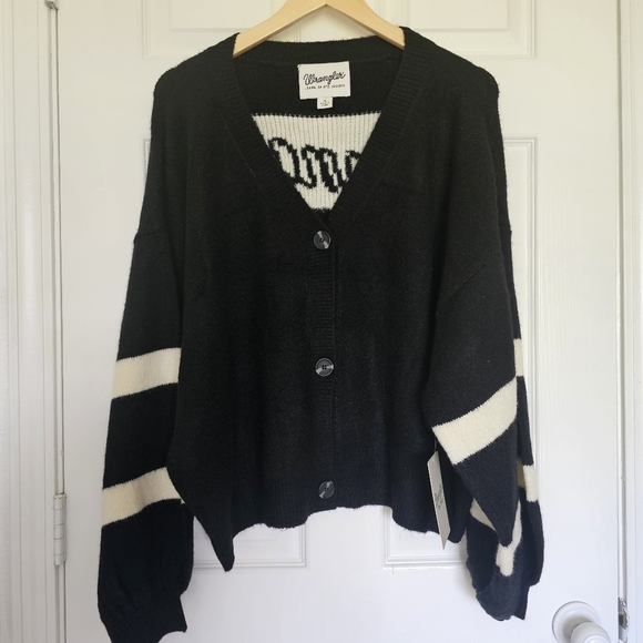Wrangler Logo Cardigan Sweater Striped Balloon Sleeves Size XL - Picture 5 of 14